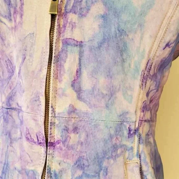 Suede leather tie dye jacket shearling boho Coat gray white pink purple blue med